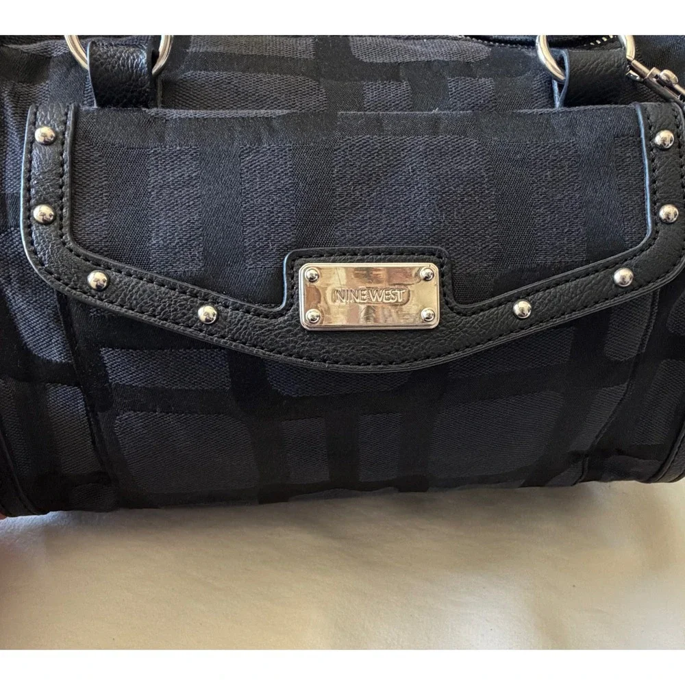 Nine West Black Jacquard Satchel Studded Crossbody Handbag Geometric Print Bag